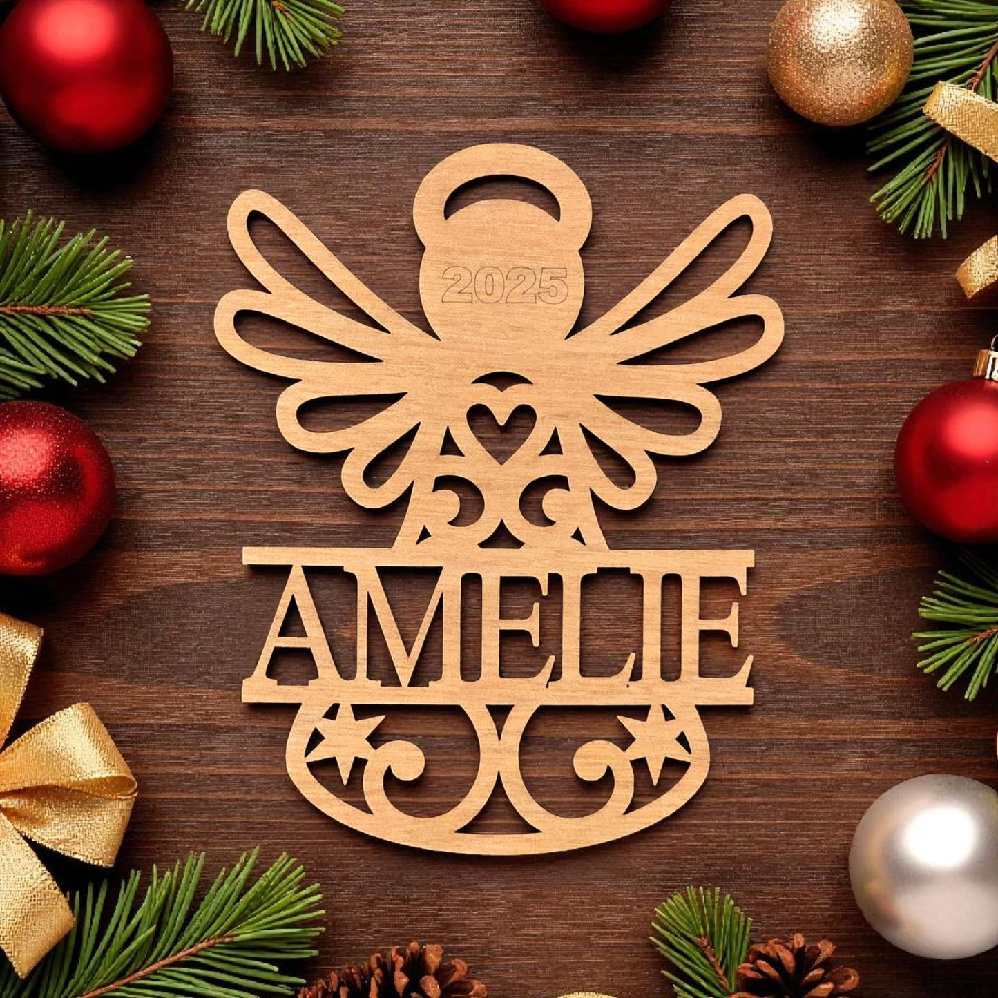 Personalized wooden angel ornament date engraved at the top