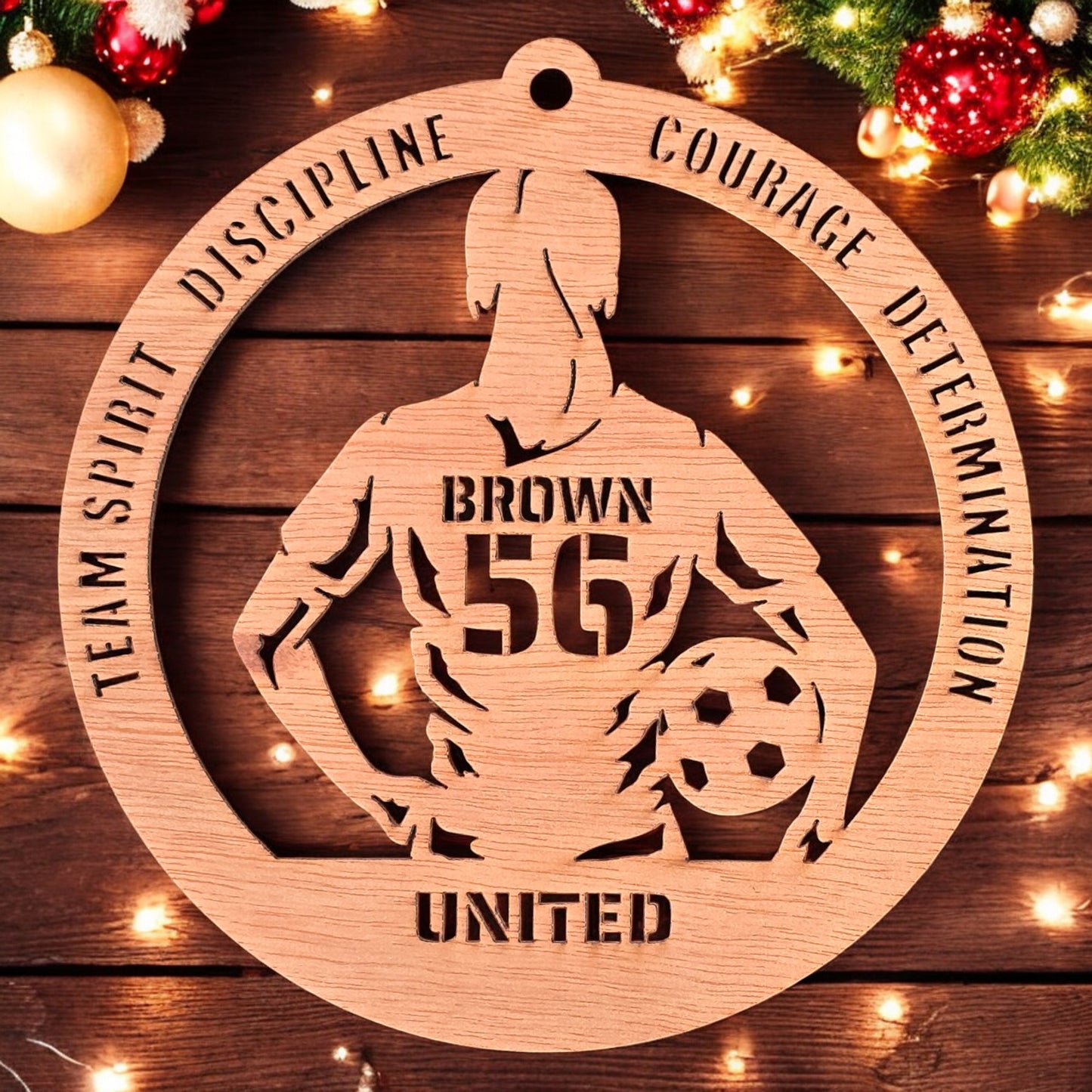 Personalized wooden soccer player ornament – girl version